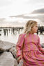 CORAL PINK BLOCK STRIPE DRESS.