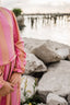 CORAL PINK BLOCK STRIPE DRESS.